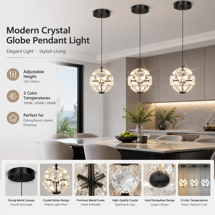 BAMDECOR C3619 Single Heads Crystal Globe Chandeliers High Ceiling Foyers Entrance Chandeliers Staircase Long Pendant Light (Black)