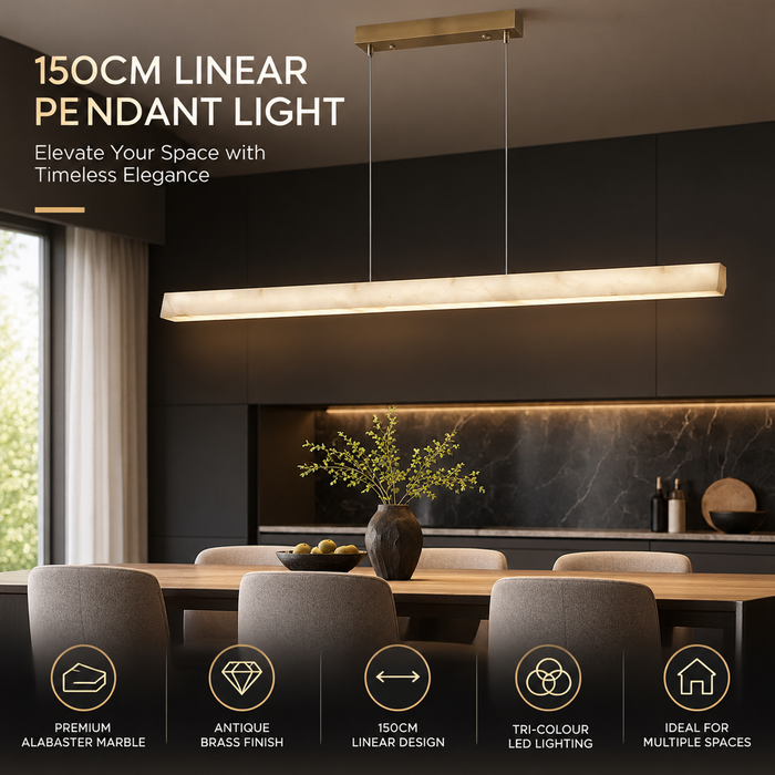 BAMDECOR YS0603 Alabaster Faux Marble Rectangle Pendant Light 150cm (Brass Gold)