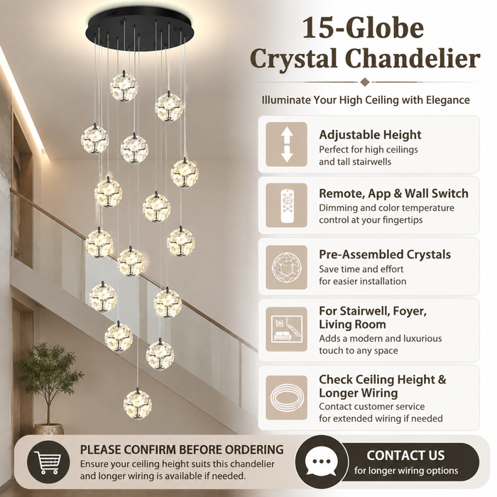 BAMDECOR C3619 15-Heads Crystal Globe Chandeliers High Ceiling Foyers Entrance Chandeliers Staircase Long Pendant Light (Black)