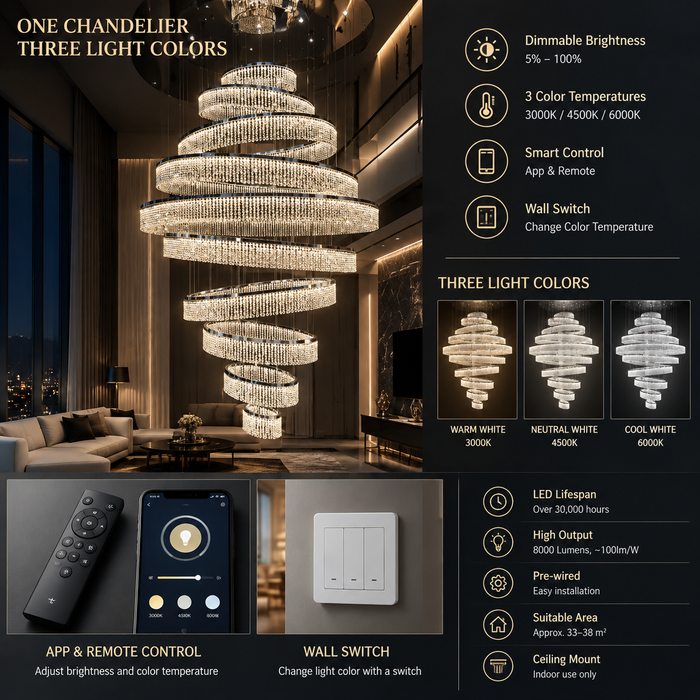 BAMDECOR C3627 Modern Crystal Chandelier Multi-Ring Hanging LED Light (Black-Ten Rings)