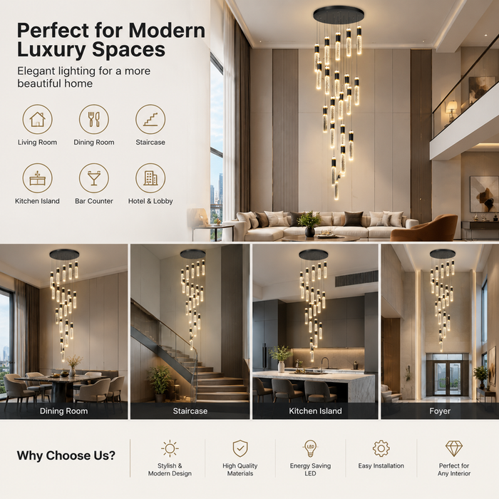 BAMDECOR LT01 Modern Bar 18-Lights Crystal Modern Led Chandelier for Dining Room, Luxury Dimmable Enterway Led Pendant Lights Fixture (Black)