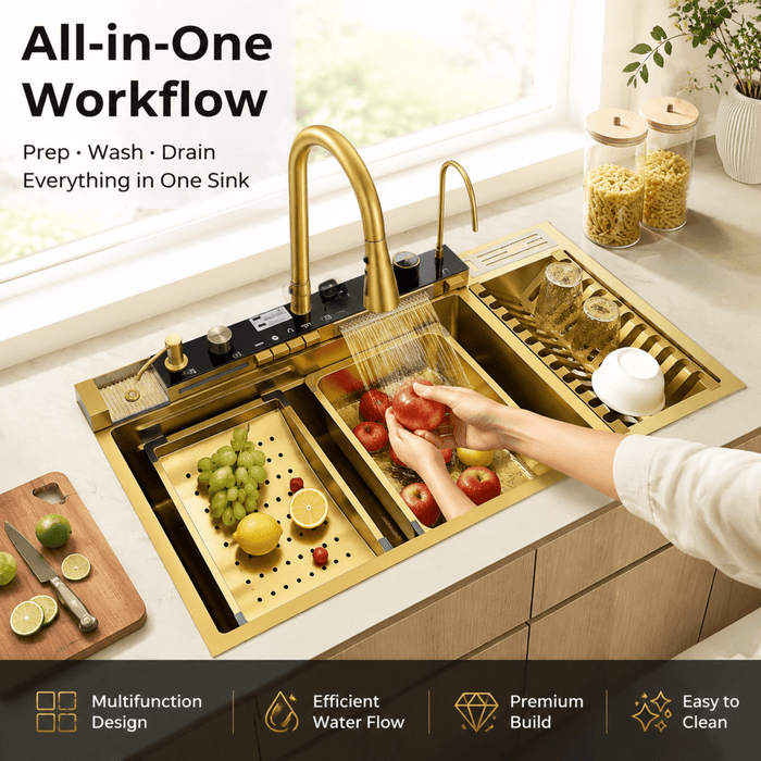100x50cm Blue Whale Gold Integrated Waterfall Kitchen Sink Honeycomb Technology Large Digitial Display Stainless Steel Water Filter Cup Washer - Amazingooh Wholesale
