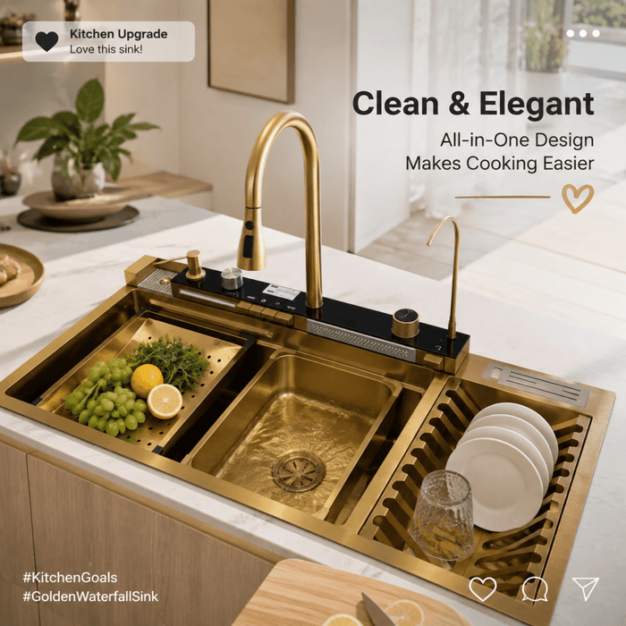 100x50cm Blue Whale Gold Integrated Waterfall Kitchen Sink Honeycomb Technology Large Digitial Display Stainless Steel Water Filter Cup Washer - Amazingooh Wholesale