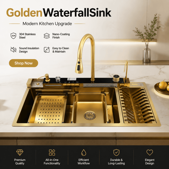 100x50cm Blue Whale Gold Integrated Waterfall Kitchen Sink Honeycomb Technology Large Digitial Display Stainless Steel Water Filter Cup Washer - Amazingooh Wholesale