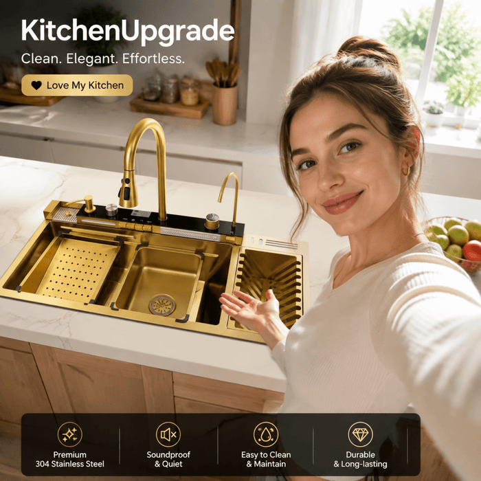 100x50cm Blue Whale Gold Integrated Waterfall Kitchen Sink Honeycomb Technology Large Digitial Display Stainless Steel Water Filter Cup Washer - Amazingooh Wholesale