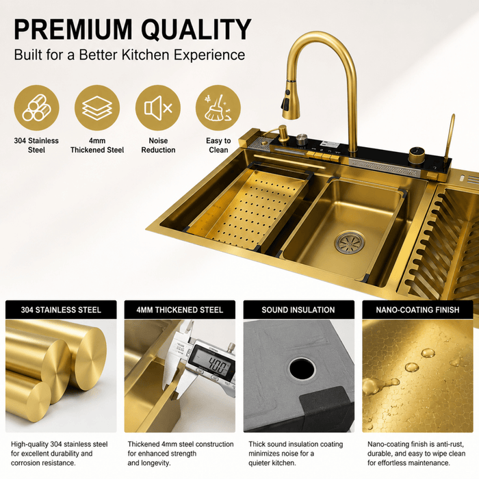 100x50cm Blue Whale Gold Integrated Waterfall Kitchen Sink Honeycomb Technology Large Digitial Display Stainless Steel Water Filter Cup Washer - Amazingooh Wholesale