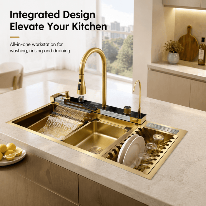 100x50cm Blue Whale Gold Integrated Waterfall Kitchen Sink Honeycomb Technology Large Digitial Display Stainless Steel Water Filter Cup Washer - Amazingooh Wholesale