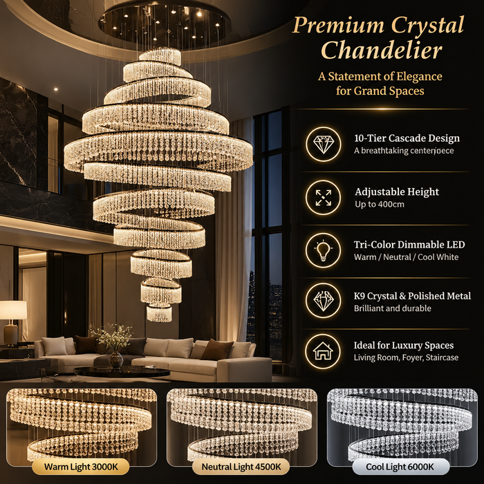 BAMDECOR C3627 Modern Crystal Chandelier Multi-Ring Hanging LED Light (Black-Ten Rings)