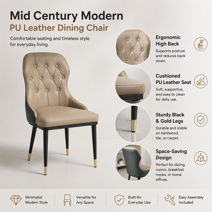 VELLUTO Mid Century Luxury Modern Dining Chair Faux Leather Set of 2 (Brown Duo Colour)