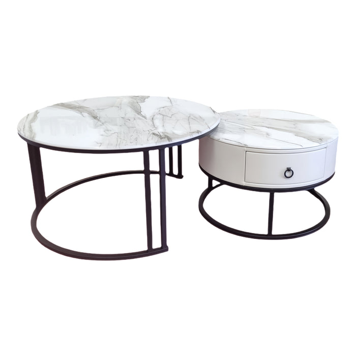 Velluto Calacatta White Top Modern Marble Slate Nesting Coffee Table Set Leather Wrapped Wood Drawers (Black Frame)