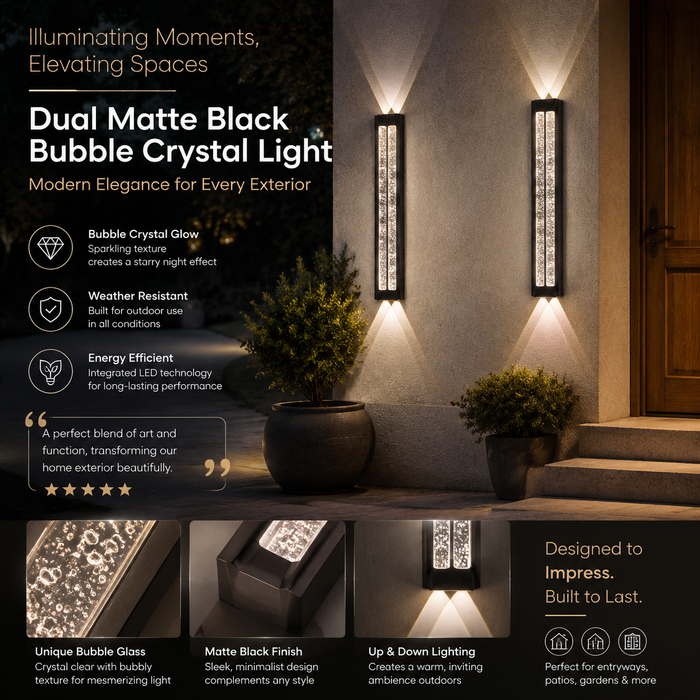 BAMDECOR WL2601  Dual Matte Black Bubble Crystal IP66 Outdoor Contemporary Exterior Light
