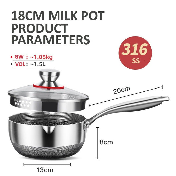 18cm 316L Stainless Steel Saucepan Compound Steel Honeycomb Nonstick Sauce Pan with Glass Lid 1.5L Pot Stay - Cool Handle Multipurpose Milk Saucepan, Induction Capable and Gas Stove - Amazingooh Wholesale