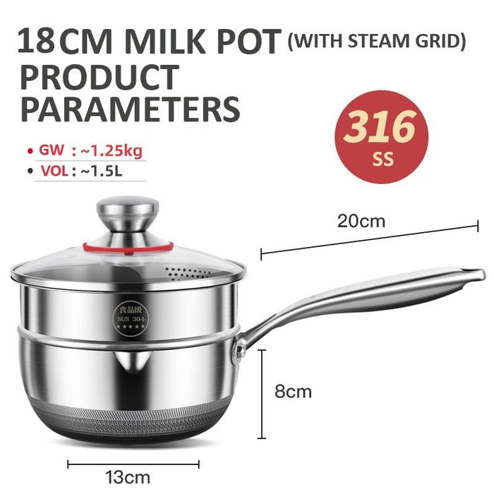 18cm 316L Stainless Steel Saucepan Compound Steel Honeycomb Nonstick Sauce Pan with Glass Lid 1.5L Pot Stay - Cool Handle Multipurpose Milk Saucepan, Induction Capable and Gas Stove - Amazingooh Wholesale