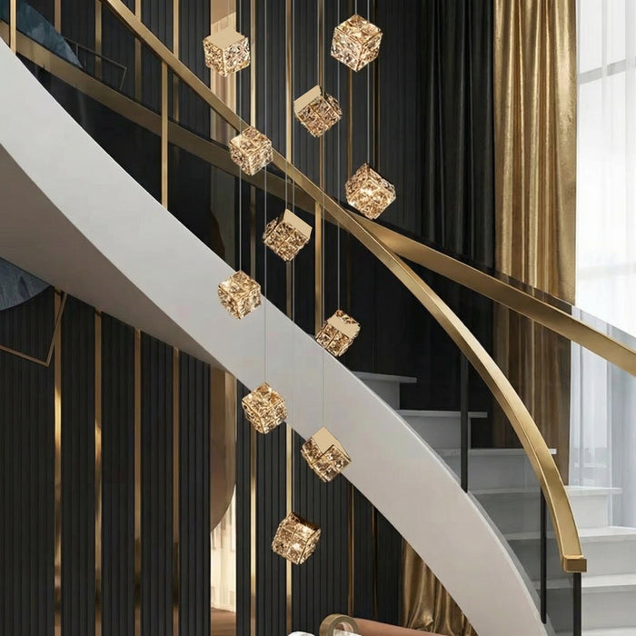 BAMDECOR LT02 18 Hanging Crystal Cube Chandelier LED Chandelier for Dining Room, Luxury Dimmable Enterway Led Pendant Lights Fixture (Gold)