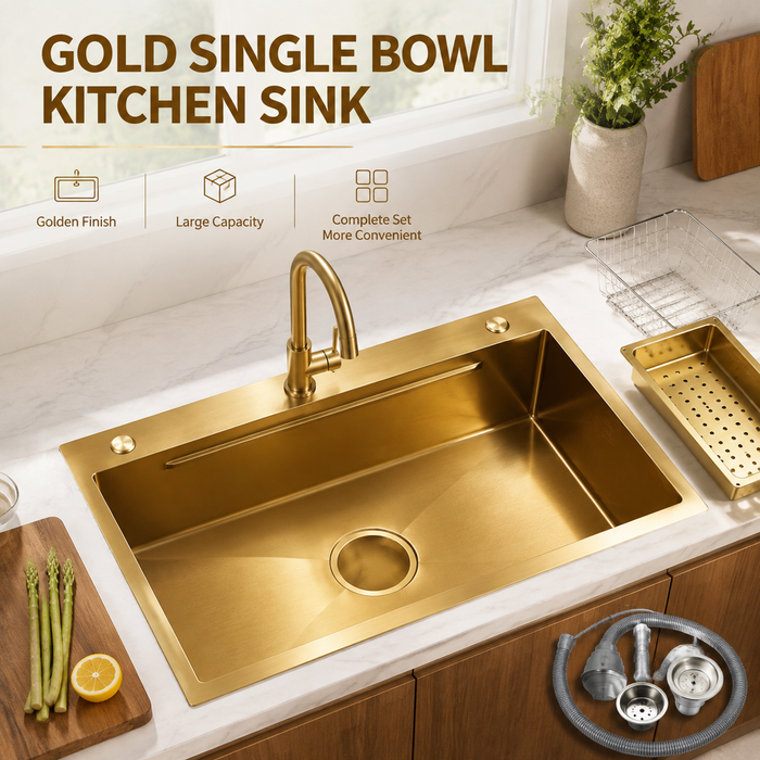 AMZ 900x500mm Brush Gold Nano Single Bowl Kitchen Sink with Workstation Accessories