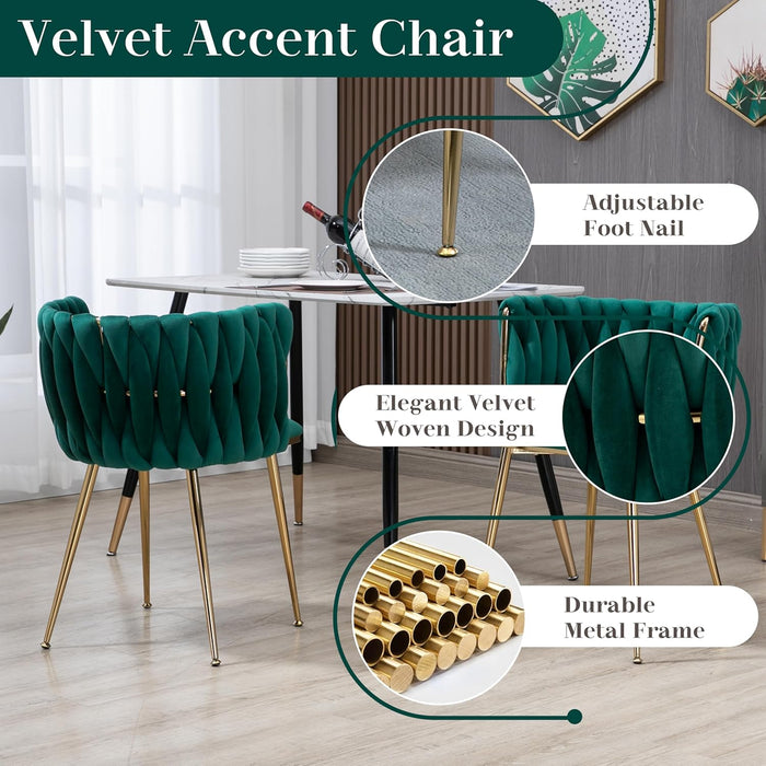 SERENITà Emerald Green Modern Hand Weaving Dining Chairs,Velvet Upholstered Side Chairs with Gold Legs, Chic Vanity Chairs with Armrest, Accent Chair for Dining Room, and Cafe Set of 2