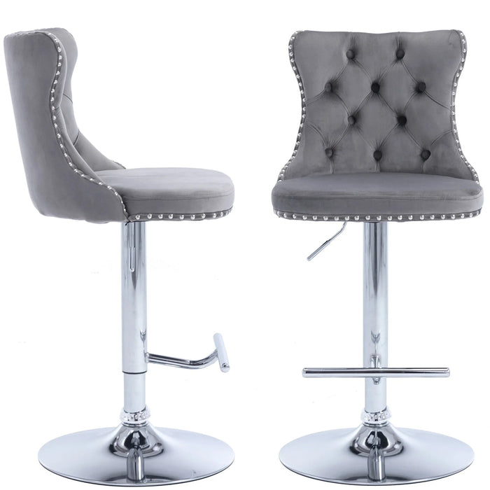 SERENITà Gray Velvet Bar Stools Adjustable Swivel Counter Height Chairs with Tufted Back and Nailhead Trim for Kitchen Island Pub Restaurant (2Pcs, Chrome Metal)