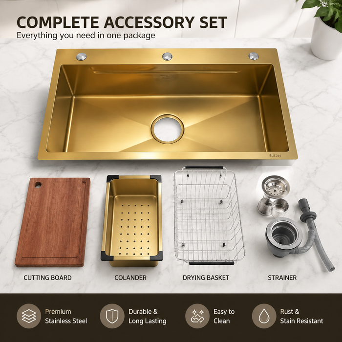 AMZ 900x500mm Brush Gold Nano Single Bowl Kitchen Sink with Workstation Accessories