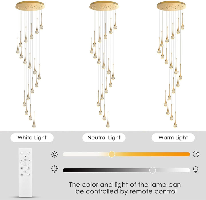 BAMDECOR LT08 18-Heads Solid Crystal Teardrop Chandelier High Ceiling Foyers Entrance Chandeliers Staircase Long Pendant Light (Gold)