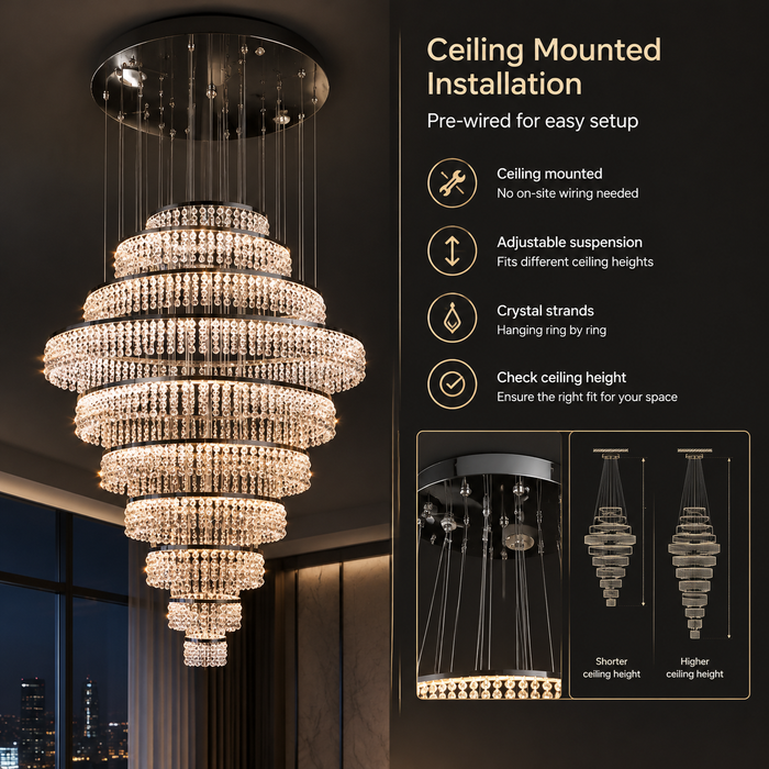 BAMDECOR C3627 Modern Crystal Chandelier Multi-Ring Hanging LED Light (Black-Ten Rings)