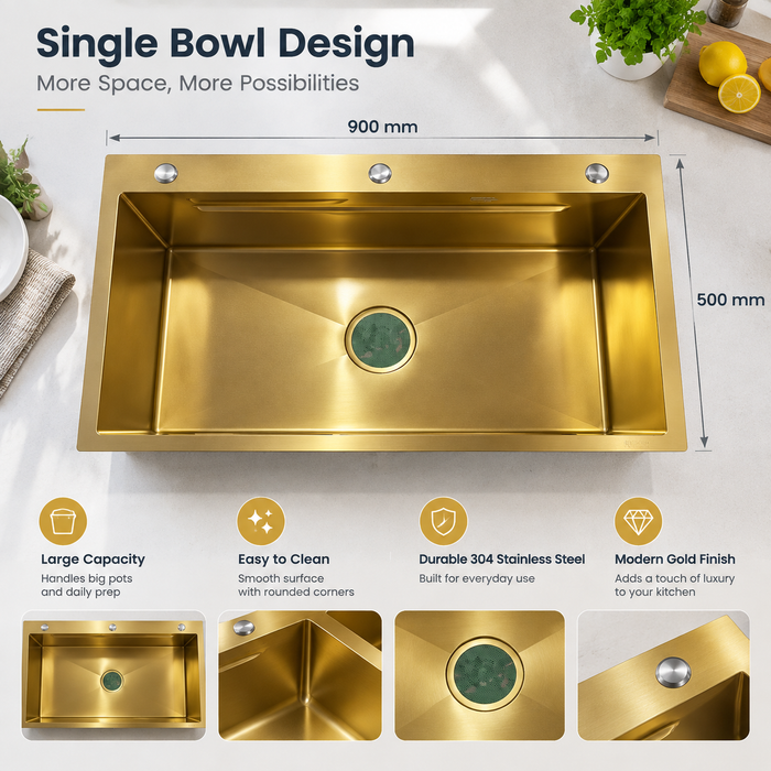 AMZ 900x500mm Brush Gold Nano Single Bowl Kitchen Sink with Workstation Accessories