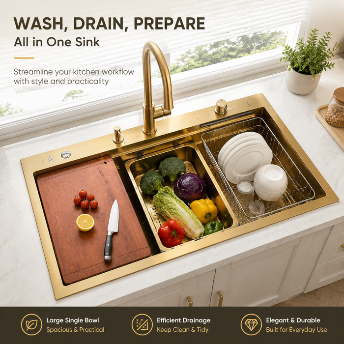 AMZ 900x500mm Brush Gold Nano Single Bowl Kitchen Sink with Workstation Accessories