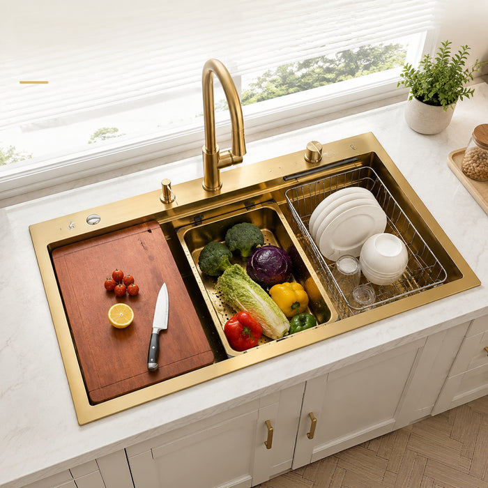 AMZ 900x500mm Brush Gold Nano Single Bowl Kitchen Sink with Workstation Accessories