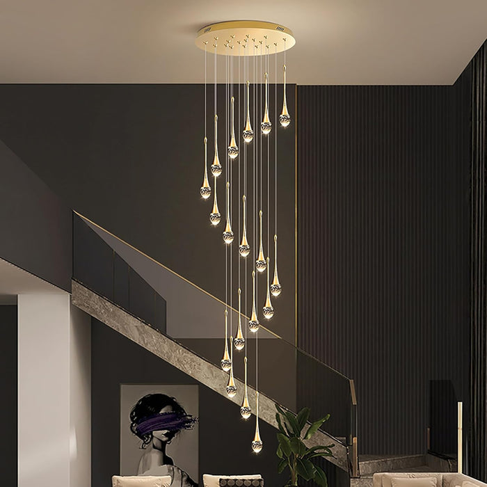 BAMDECOR LT08 18-Heads Solid Crystal Teardrop Chandelier High Ceiling Foyers Entrance Chandeliers Staircase Long Pendant Light (Gold)