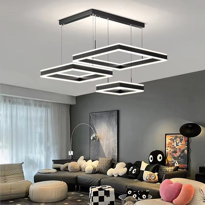 BAMDECOR A18882 Black Modern Minimalist Square Pendant Light Adjustable LED Chandelier for Bar, Dining Room, Office