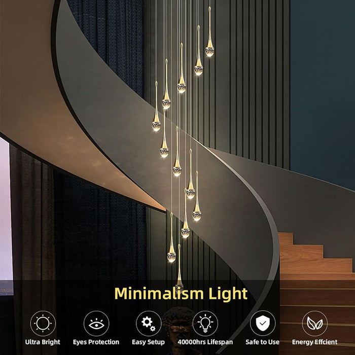 BAMDECOR LT08 18-Heads Solid Crystal Teardrop Chandelier High Ceiling Foyers Entrance Chandeliers Staircase Long Pendant Light (Gold)
