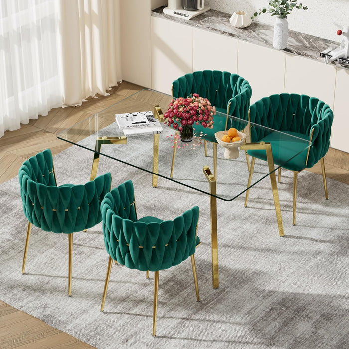 SERENITà Emerald Green Modern Hand Weaving Dining Chairs,Velvet Upholstered Side Chairs with Gold Legs, Chic Vanity Chairs with Armrest, Accent Chair for Dining Room, and Cafe Set of 2
