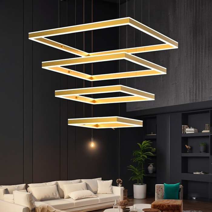 BAMDECOR SQ18882/4 Gold Modern Minimalist Square Pendant Light Adjustable LED Chandelier for Bar, Dining Room, Office