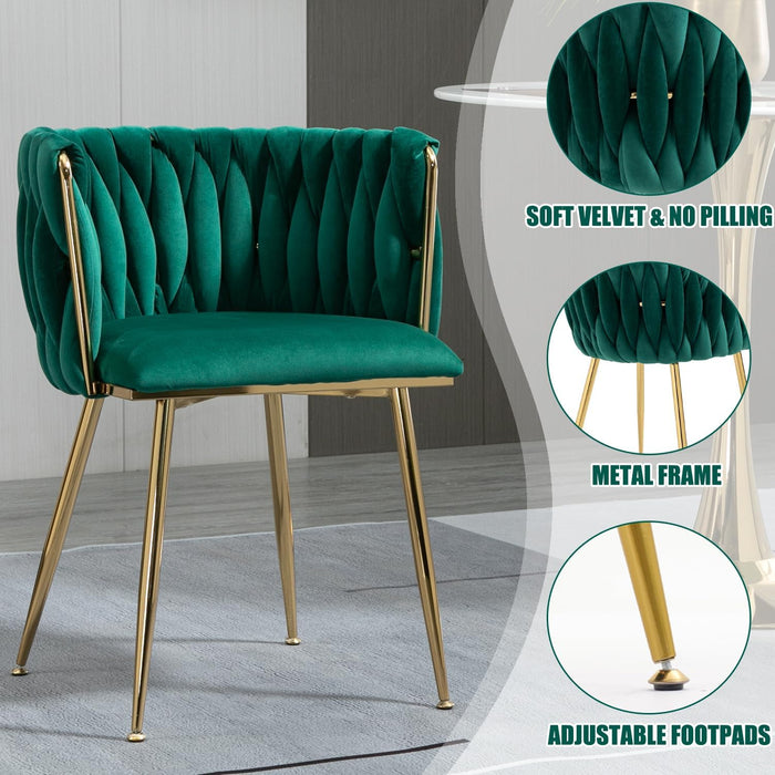 SERENITà Emerald Green Modern Hand Weaving Dining Chairs,Velvet Upholstered Side Chairs with Gold Legs, Chic Vanity Chairs with Armrest, Accent Chair for Dining Room, and Cafe Set of 2