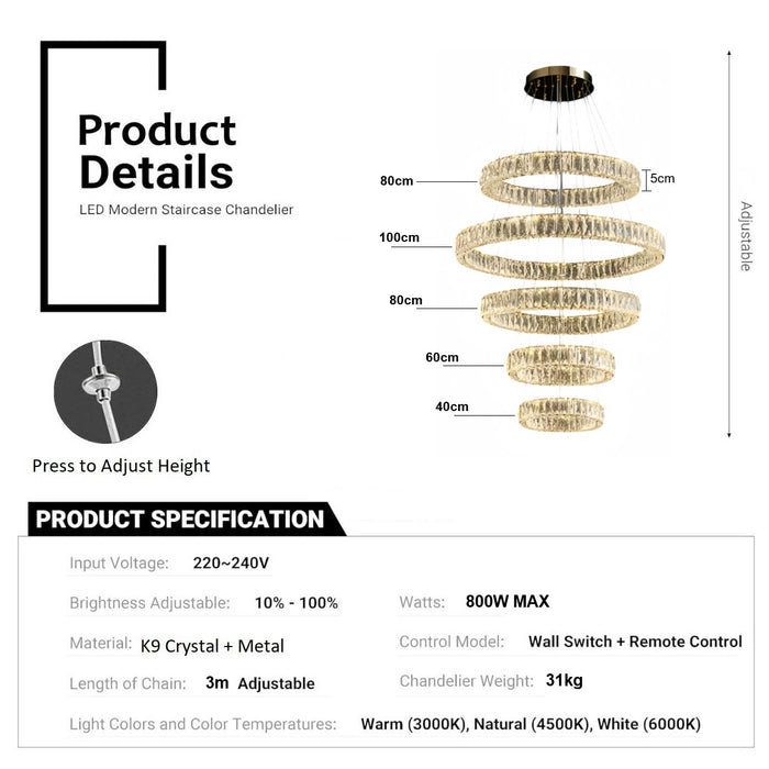 BAMDECOR C3325 Five Rings Modern Crystal Chandeliers Lighting Fixtures Contemporary Round Chandelier Lighting Fixtures Crystal Pendant Ceiling Lights