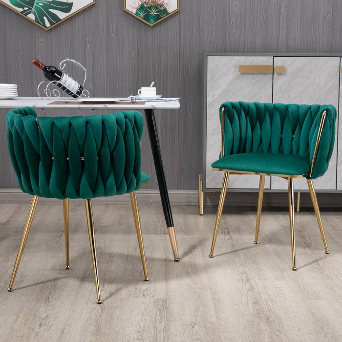 SERENITà Emerald Green Modern Hand Weaving Dining Chairs,Velvet Upholstered Side Chairs with Gold Legs, Chic Vanity Chairs with Armrest, Accent Chair for Dining Room, and Cafe Set of 2