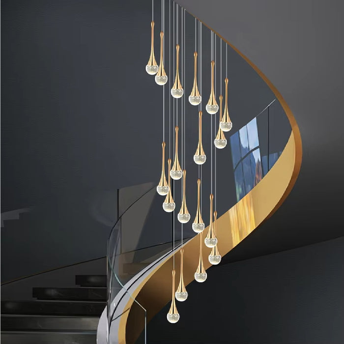 BAMDECOR LT08 18-Heads Solid Crystal Teardrop Chandelier High Ceiling Foyers Entrance Chandeliers Staircase Long Pendant Light (Gold)