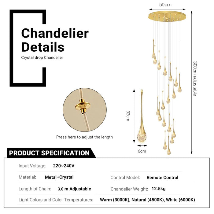 BAMDECOR LT08 18-Heads Solid Crystal Teardrop Chandelier High Ceiling Foyers Entrance Chandeliers Staircase Long Pendant Light (Gold)