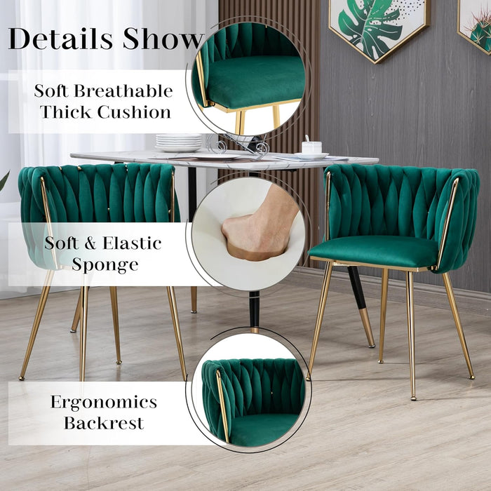 SERENITà Emerald Green Modern Hand Weaving Dining Chairs,Velvet Upholstered Side Chairs with Gold Legs, Chic Vanity Chairs with Armrest, Accent Chair for Dining Room, and Cafe Set of 2