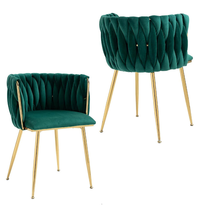 SERENITà Emerald Green Modern Hand Weaving Dining Chairs,Velvet Upholstered Side Chairs with Gold Legs, Chic Vanity Chairs with Armrest, Accent Chair for Dining Room, and Cafe Set of 2