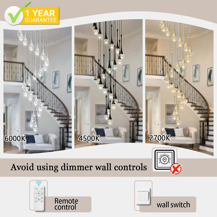 BAMDECOR LT08 18-Heads Solid Crystal Teardrop Chandelier High Ceiling Foyers Entrance Chandeliers Staircase Long Pendant Light (Gold)