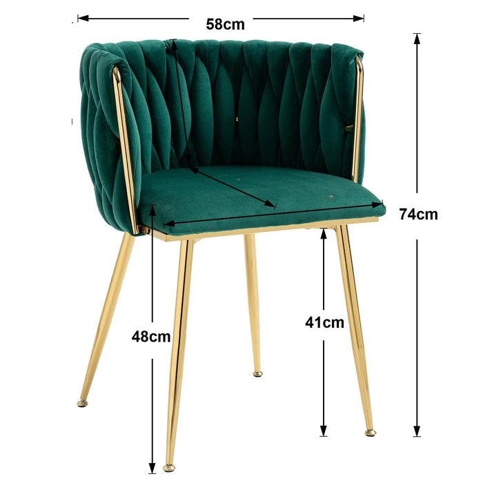 SERENITà Emerald Green Modern Hand Weaving Dining Chairs,Velvet Upholstered Side Chairs with Gold Legs, Chic Vanity Chairs with Armrest, Accent Chair for Dining Room, and Cafe Set of 2