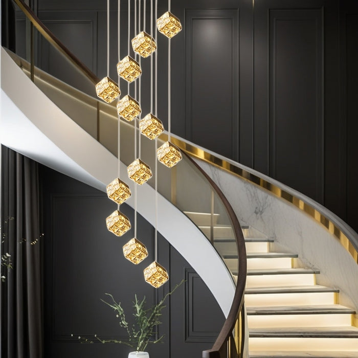 BAMDECOR LT02 12 Hanging Crystal Cube Chandelier LED Chandelier for Dining Room, Luxury Dimmable Enterway Led Pendant Lights Fixture (Gold)