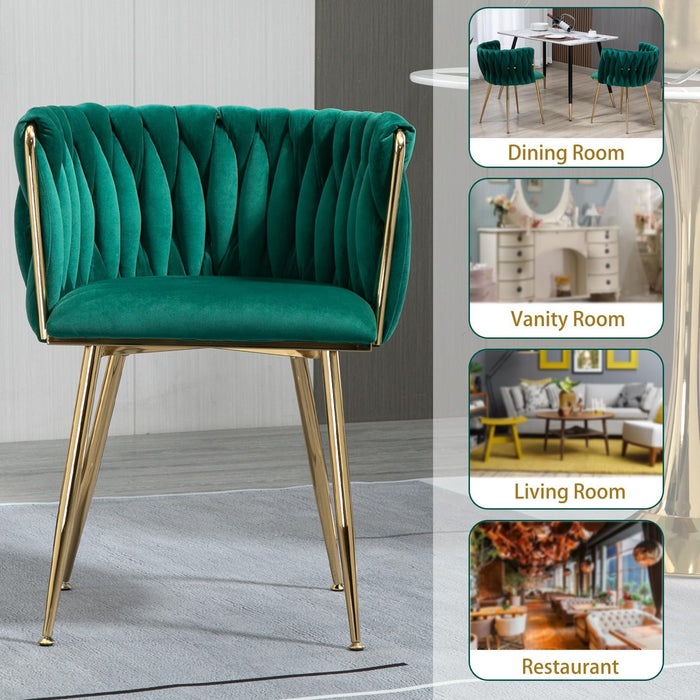 SERENITà Emerald Green Modern Hand Weaving Dining Chairs,Velvet Upholstered Side Chairs with Gold Legs, Chic Vanity Chairs with Armrest, Accent Chair for Dining Room, and Cafe Set of 2