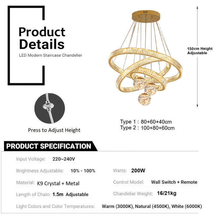 BAMDECOR C3335 Large Swirl Modern Crystal Ring Chandeliers Contemporary Round Chandelier Crystal Pendant Light(Gold-Three Rings)