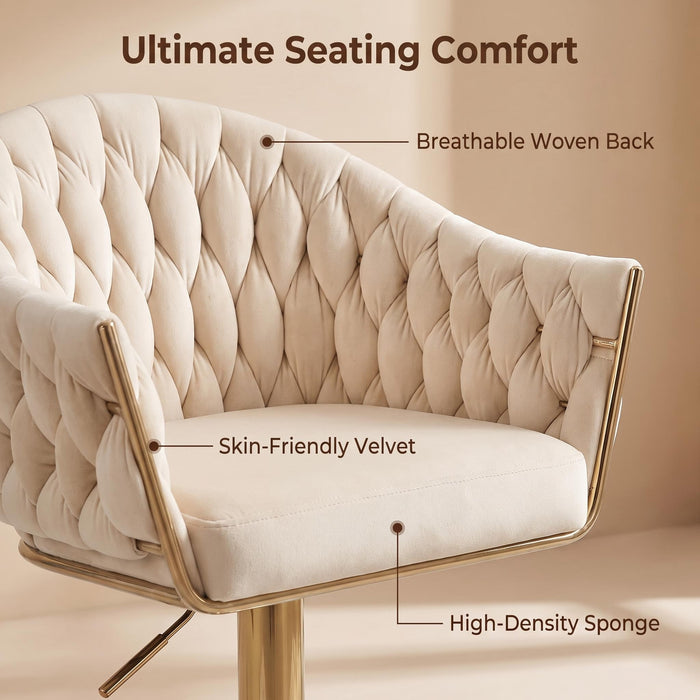 SERENITà GP1863 Modern Velvet Breakfast Bar Stools Swivel Barstools Adjustable Counter Stools with Backrest (Gold-Ivory)
