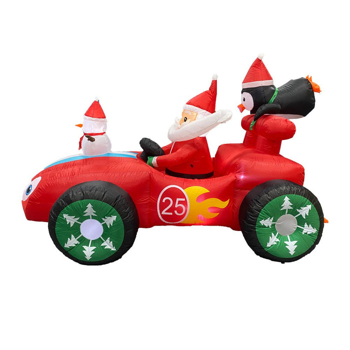 2.5M Inflatable Christmas Racing Car with Santa, Snowman & Penguin - 7 LED Lights - Amazingooh Wholesale