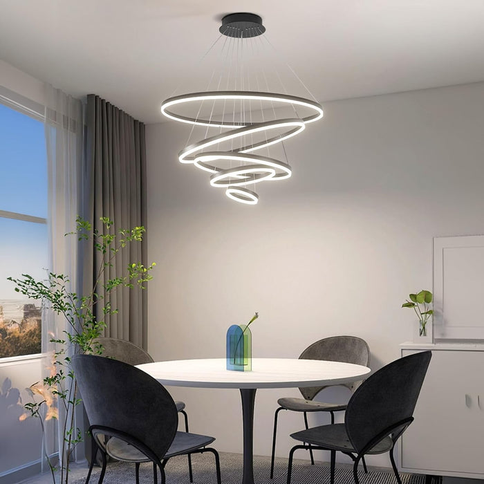 BAMDECOR Modern LED Chandelier, Dimmable Pendant Light with Remote Control Rings Round Ceiling Lighting Fixture 3 Color Temperatures Contemporary Chandeliers (5 Rings-Black)