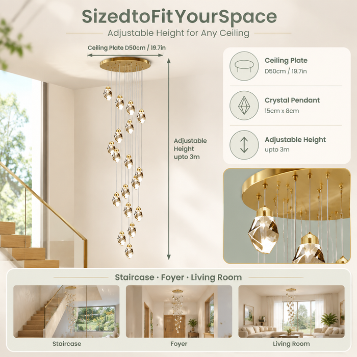 BAMDECOR LT13 18-Heads Astrae Modern Spiral Crystal Droplet Pendant Chandelier (Gold)