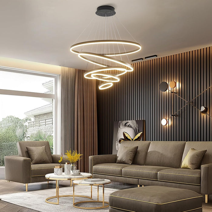 BAMDECOR Modern LED Chandelier, Dimmable Pendant Light with Remote Control Rings Round Ceiling Lighting Fixture 3 Color Temperatures Contemporary Chandeliers (5 Rings-Black)