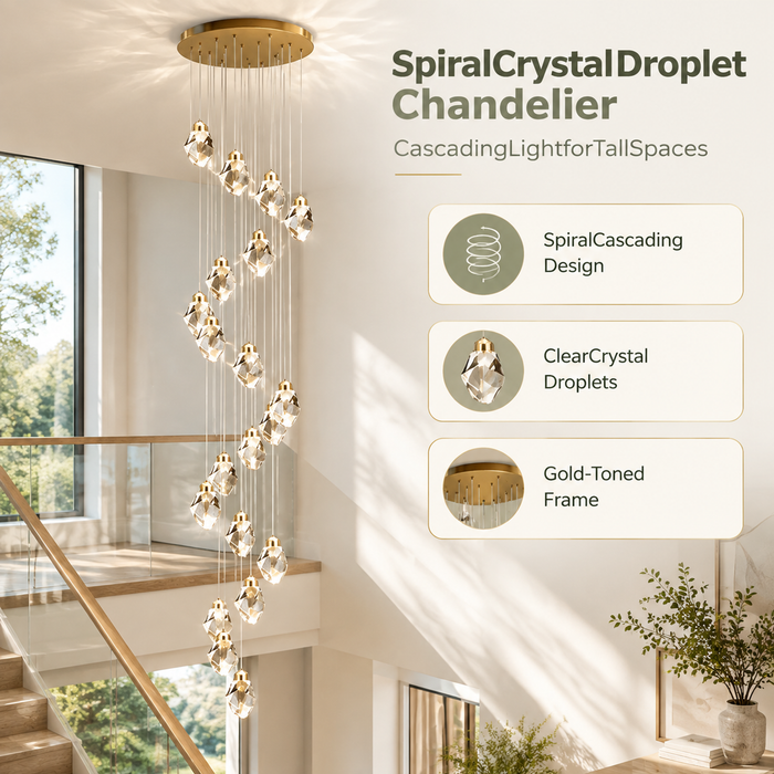 BAMDECOR LT13 18-Heads Astrae Modern Spiral Crystal Droplet Pendant Chandelier (Gold)